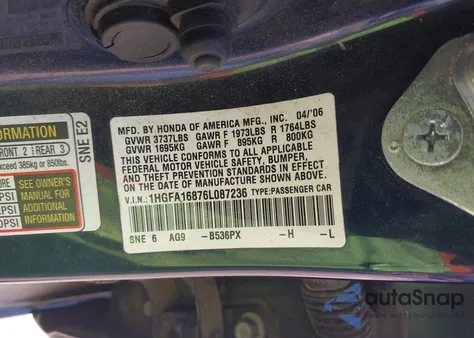 2006 Honda Civic Ex из США, поврежденный, VIN 1HGFA16876L087236